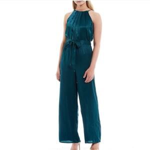 Evolutionary Teal Satin Sleeveless Wide-Leg Jumpsuit Sz.M #918